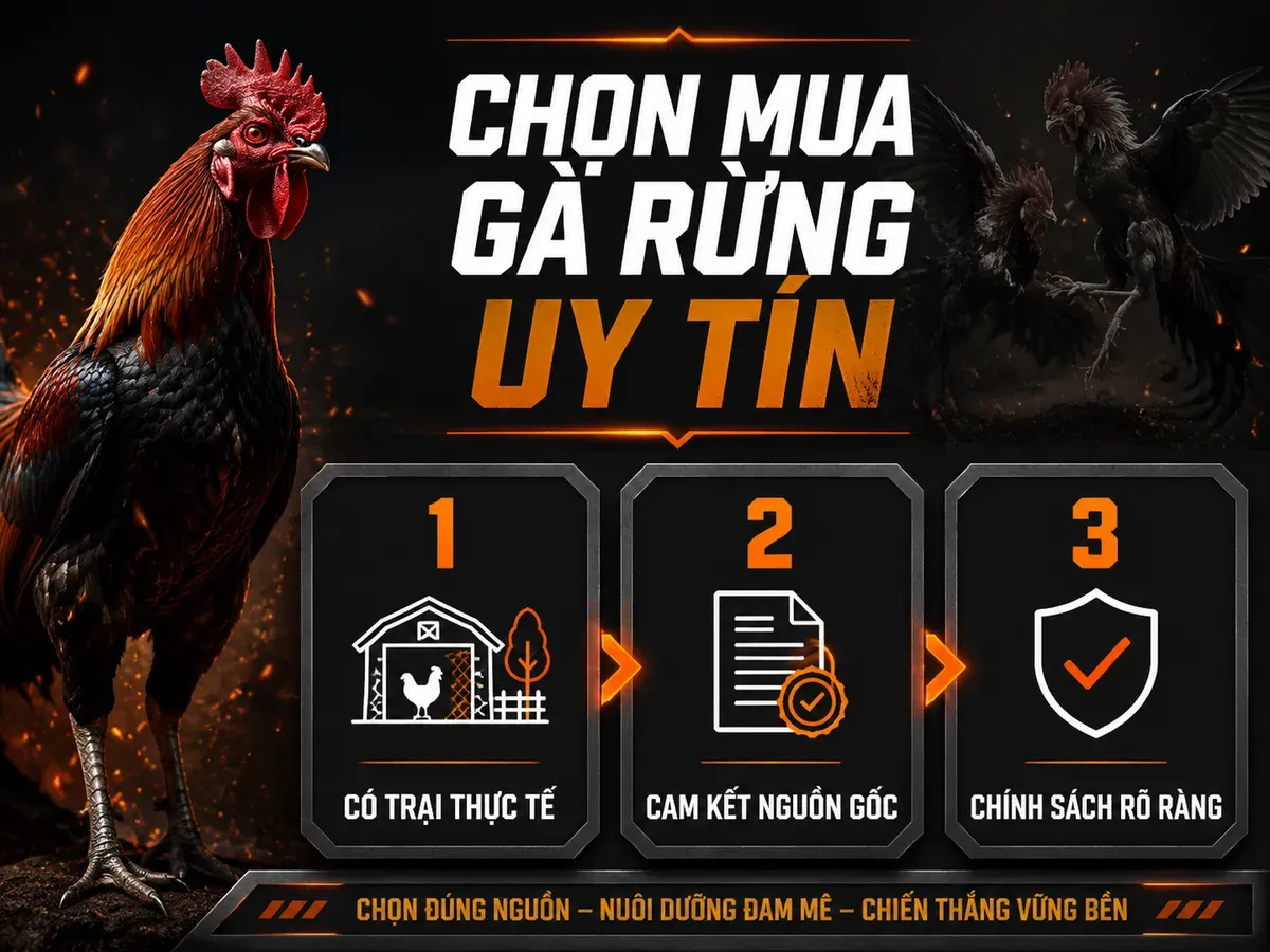 Infographic 3 bước chọn mua gà rừng uy tín, có icon minh họa và gà chiến
