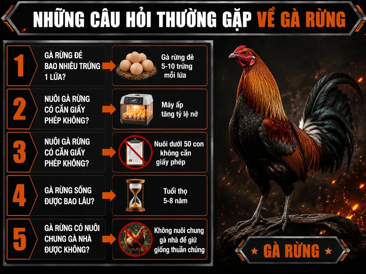 Infographic so sánh các câu hỏi thường gặp về gà rừng Việt Nam, minh họa trứng, tuổi thọ, nuôi chung với gà nhà, thông tin rõ ràng, phong cách mạnh mẽ