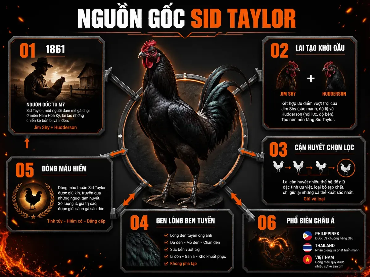 Infographic nguồn gốc lịch sử gà Sid Taylor Black và quá trình lai tạo dòng máu đen tuyền