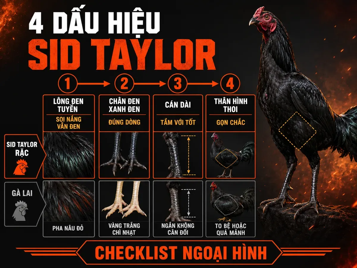 Infographic nhận diện gà Sid Taylor thuần chủng với 4 dấu hiệu ngoại hình: lông đen tuyền, chân đen xanh đen, cán dài, thân hình thoi.