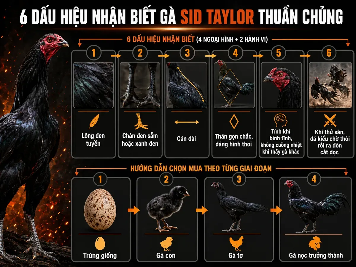 Hình ảnh infographic so sánh các dấu hiệu nhận biết gà Sid Taylor rặc và hướng dẫn mua trứng/gà con/gà tơ/gà nọc
