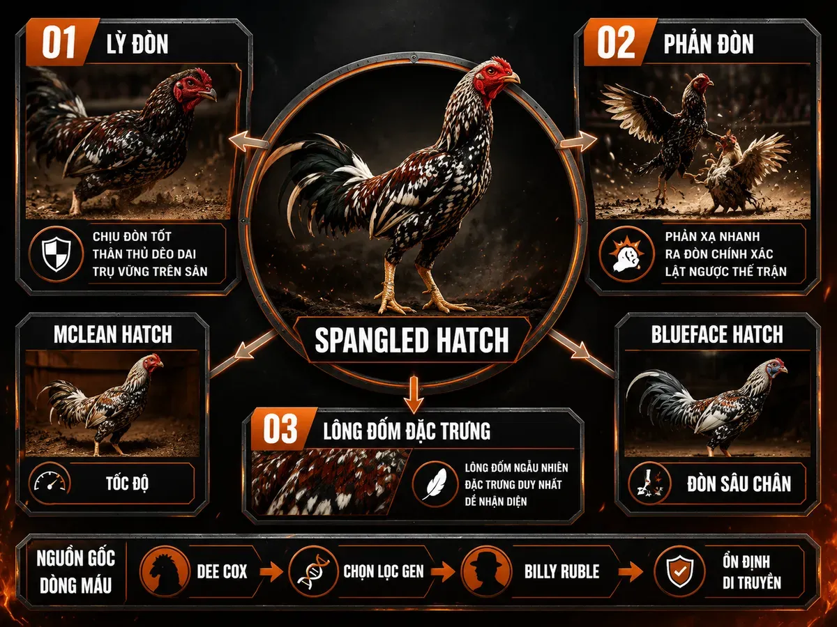 Infographic so sánh Spangled Hatch với McLean Hatch và Blueface Hatch trong gia phả Hatch, nhấn mạnh gen lỳ đòn và lông đốm đặc trưng.