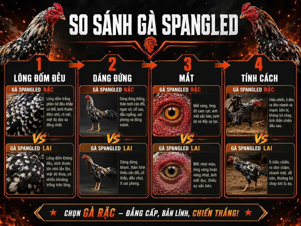 So sánh đặc điểm Gà Spangled rặc và Spangled lai: lông, dáng, mắt, tính cách