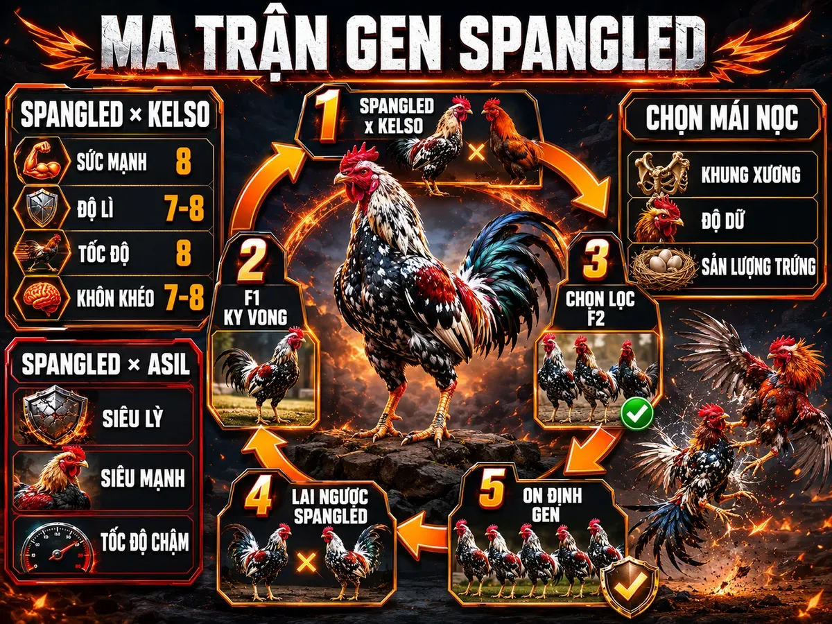 Infographic ma trận gen lai tạo gà Spangled với Kelso và Asil, quy trình chọn lọc F2 và chọn mái nọc