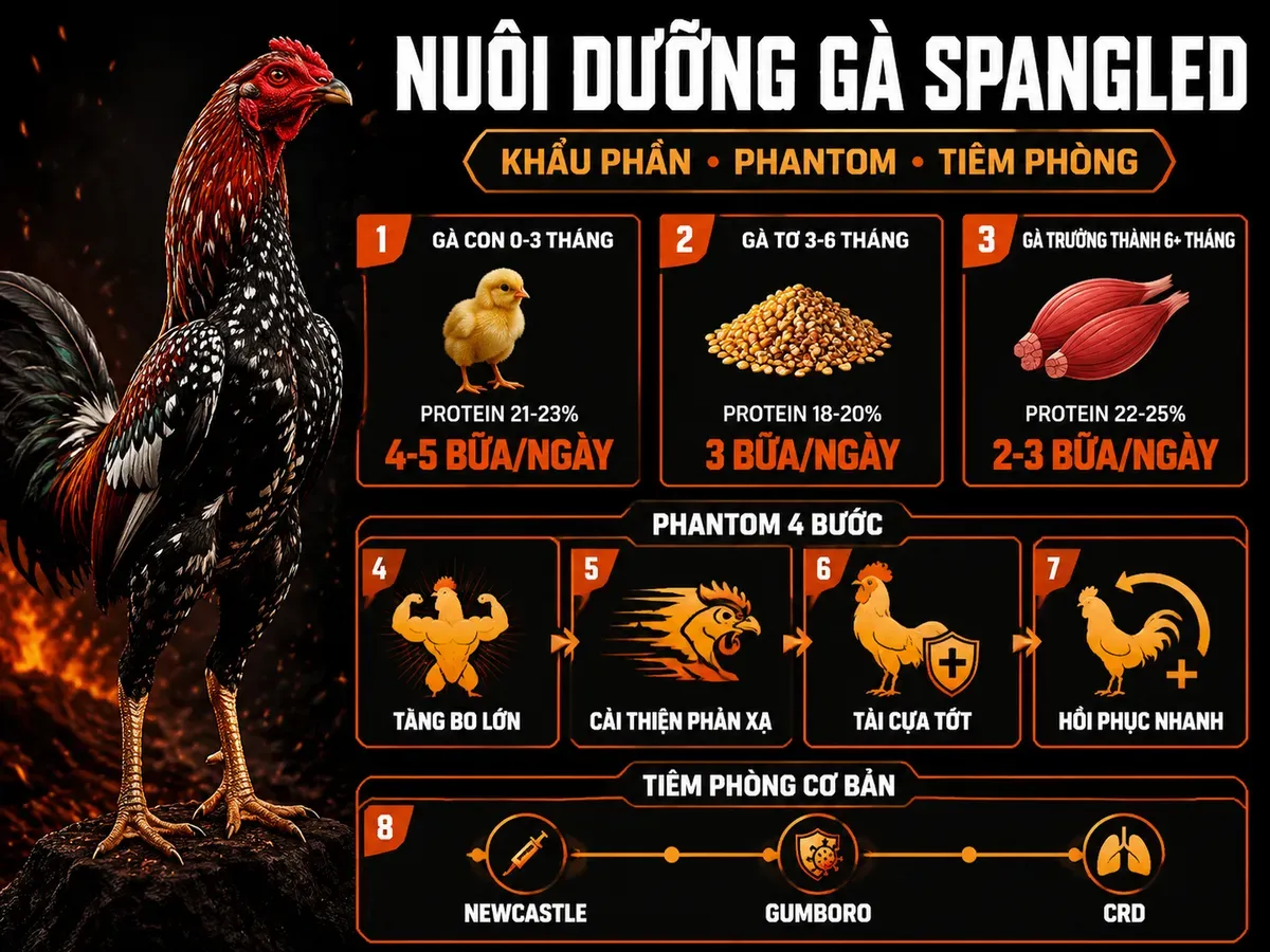Infographic chế độ nuôi dưỡng gà Spangled gồm khẩu phần 3 giai đoạn, Phantom 4 bước và lịch tiêm phòng