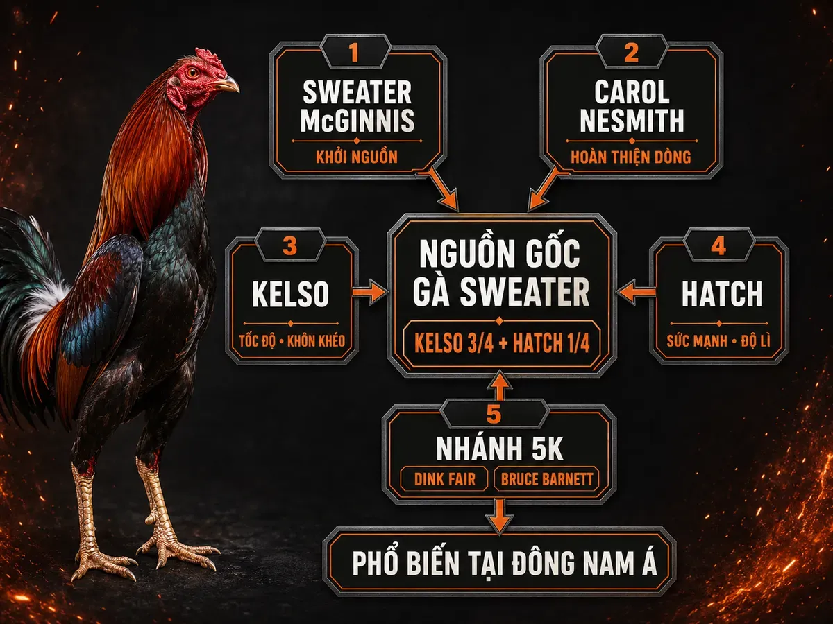 Infographic nguồn gốc dòng gà Sweater từ Kelso và Hatch cùng các nhân vật phát triển chính