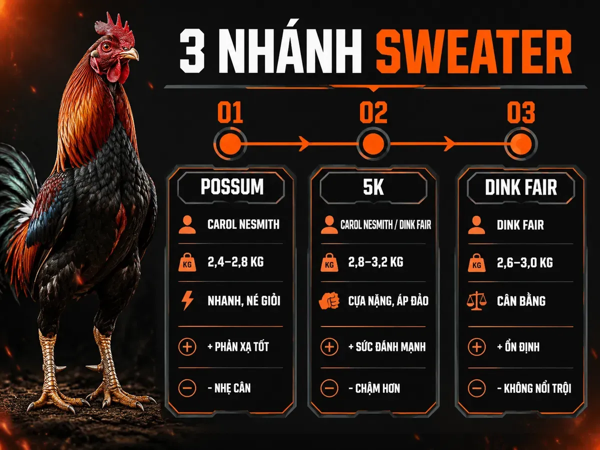 Infographic so sánh ba nhánh gà Sweater gồm Possum, 5K và Dink Fair với đặc điểm thi đấu và ưu nhược điểm
