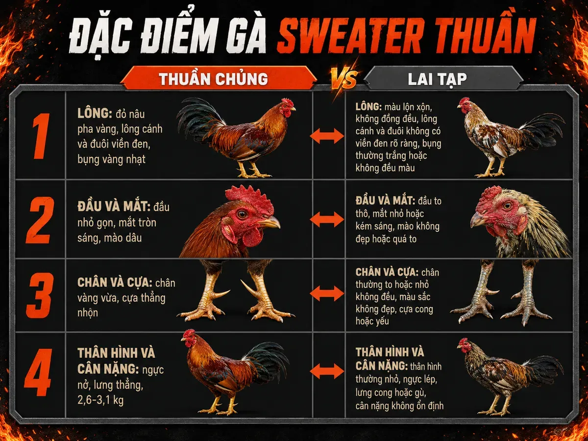 Infographic minh họa 4 đặc điểm nhận biết gà Sweater thuần chủng, so sánh với gà lai tạp, phong cách dark combat
