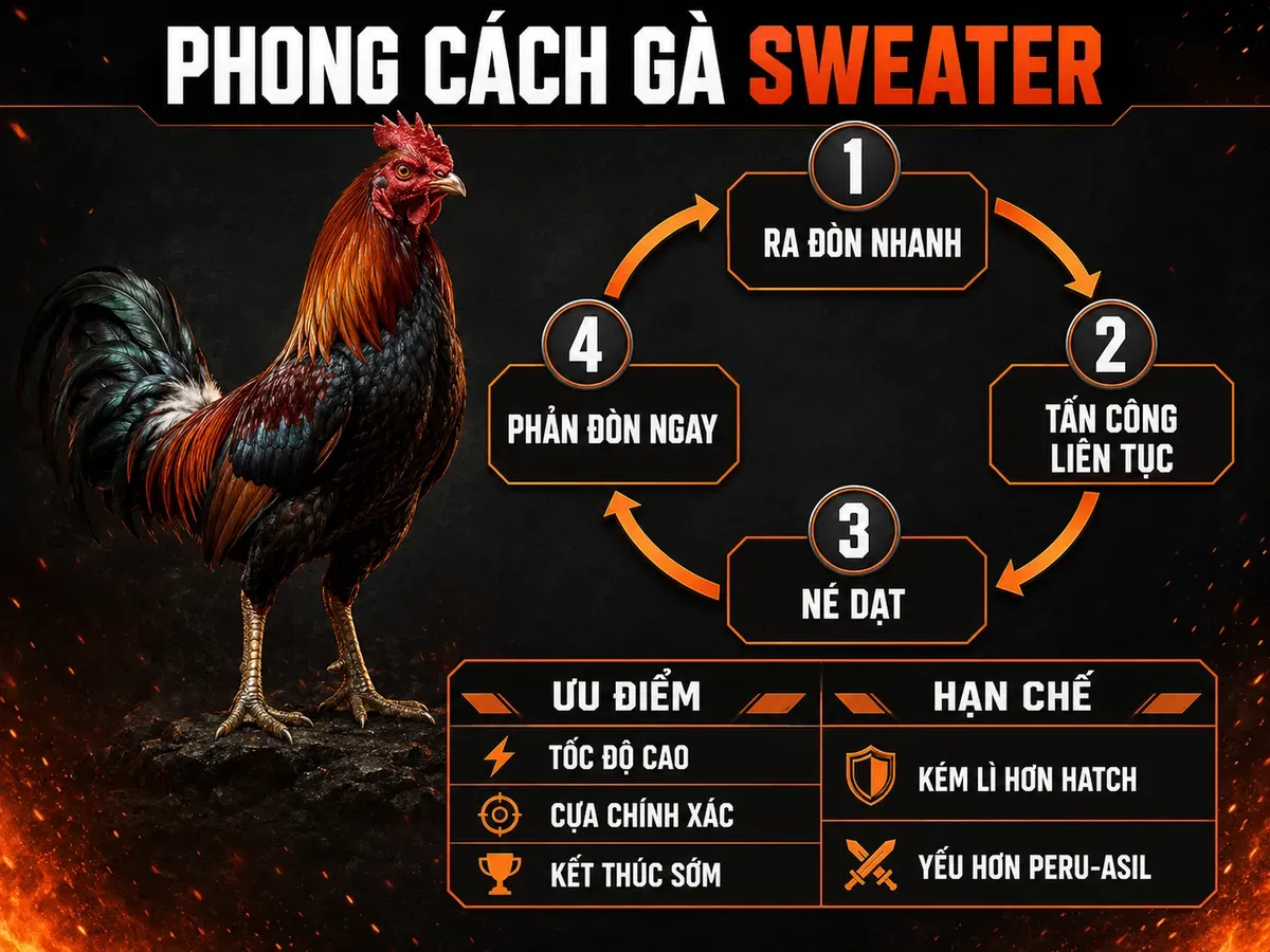Infographic phong cách thi đấu gà Sweater với vòng tuần hoàn tốc độ, né dạt, phản đòn và kết thúc sớm