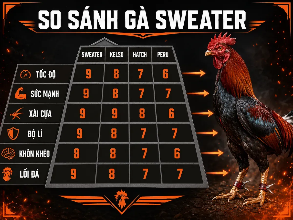 So sánh gà Sweater với Kelso, Hatch và Peru theo tốc độ, sức mạnh, độ lì, khôn khéo, lối đá, phong cách chiến đấu cân bằng