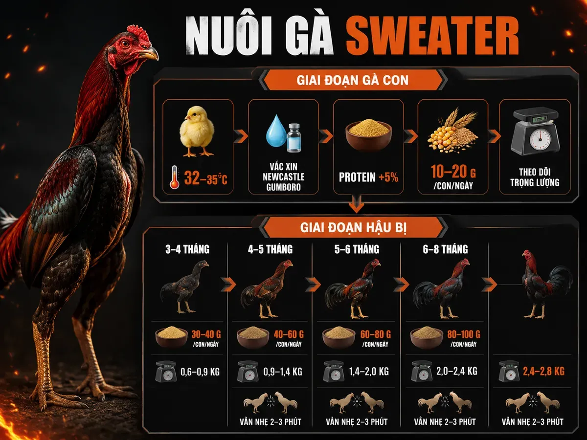 Infographic kỹ thuật nuôi gà Sweater theo giai đoạn từ gà con đến hậu bị