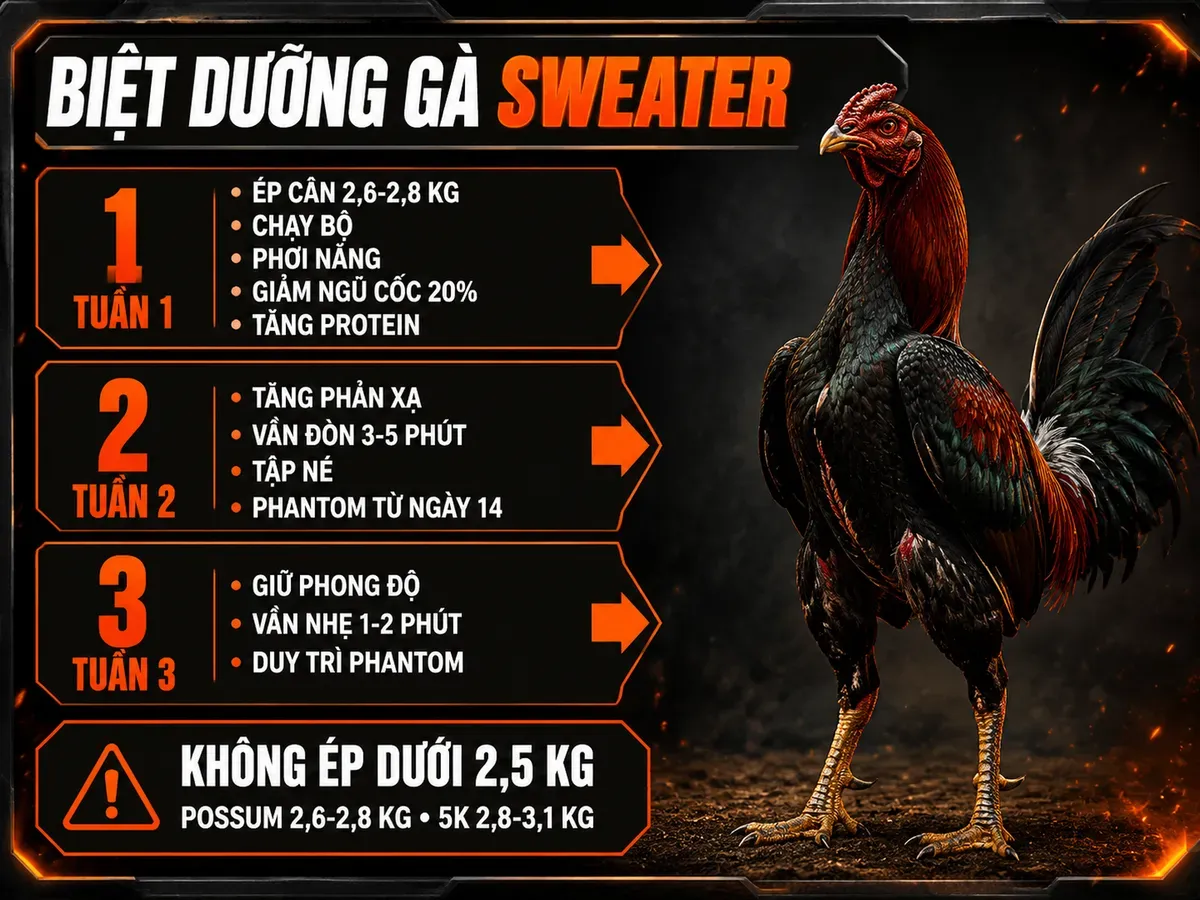 Infographic biệt dưỡng gà Sweater 21 ngày trước thi đấu với lịch tập luyện dinh dưỡng và cảnh báo cân nặng