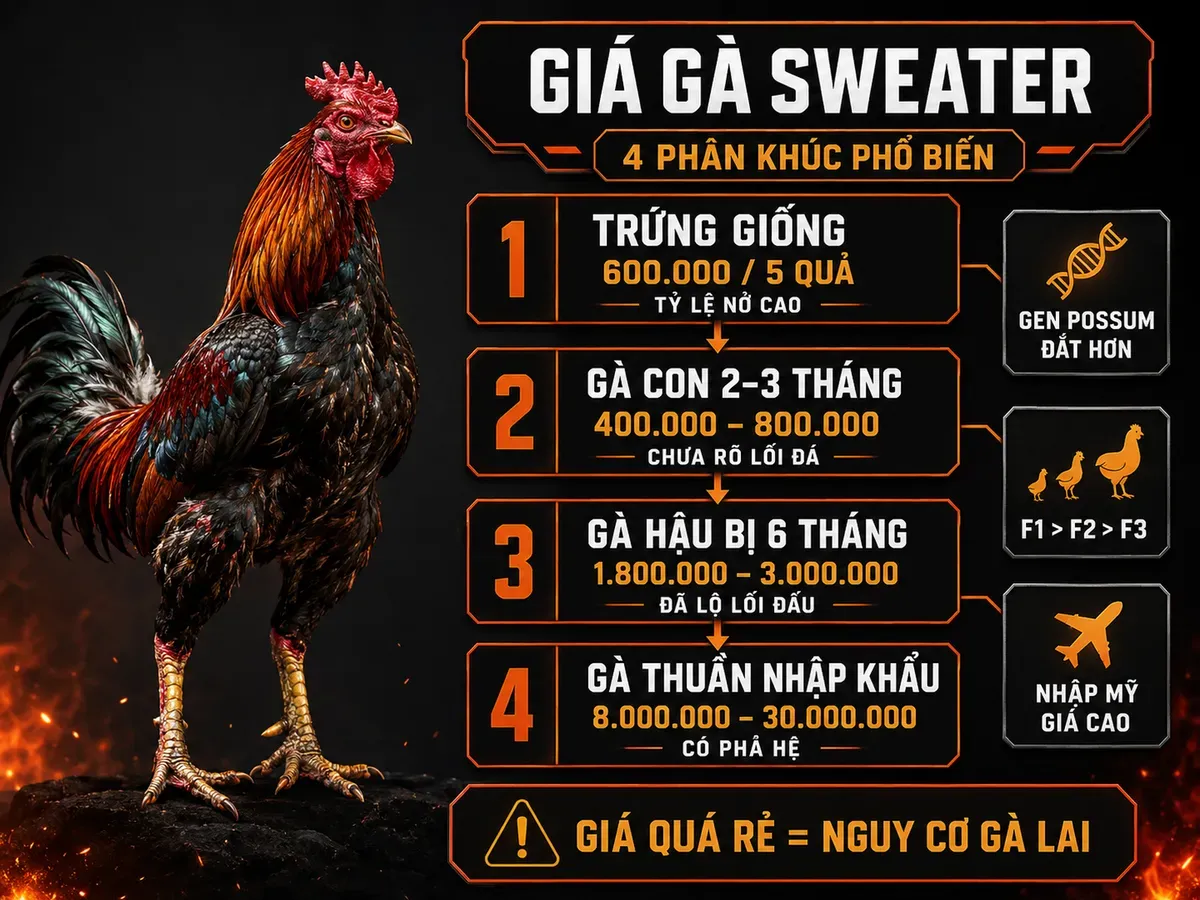 Infographic giá gà Sweater theo phân khúc tại Việt Nam với bảng giá và yếu tố ảnh hưởng
