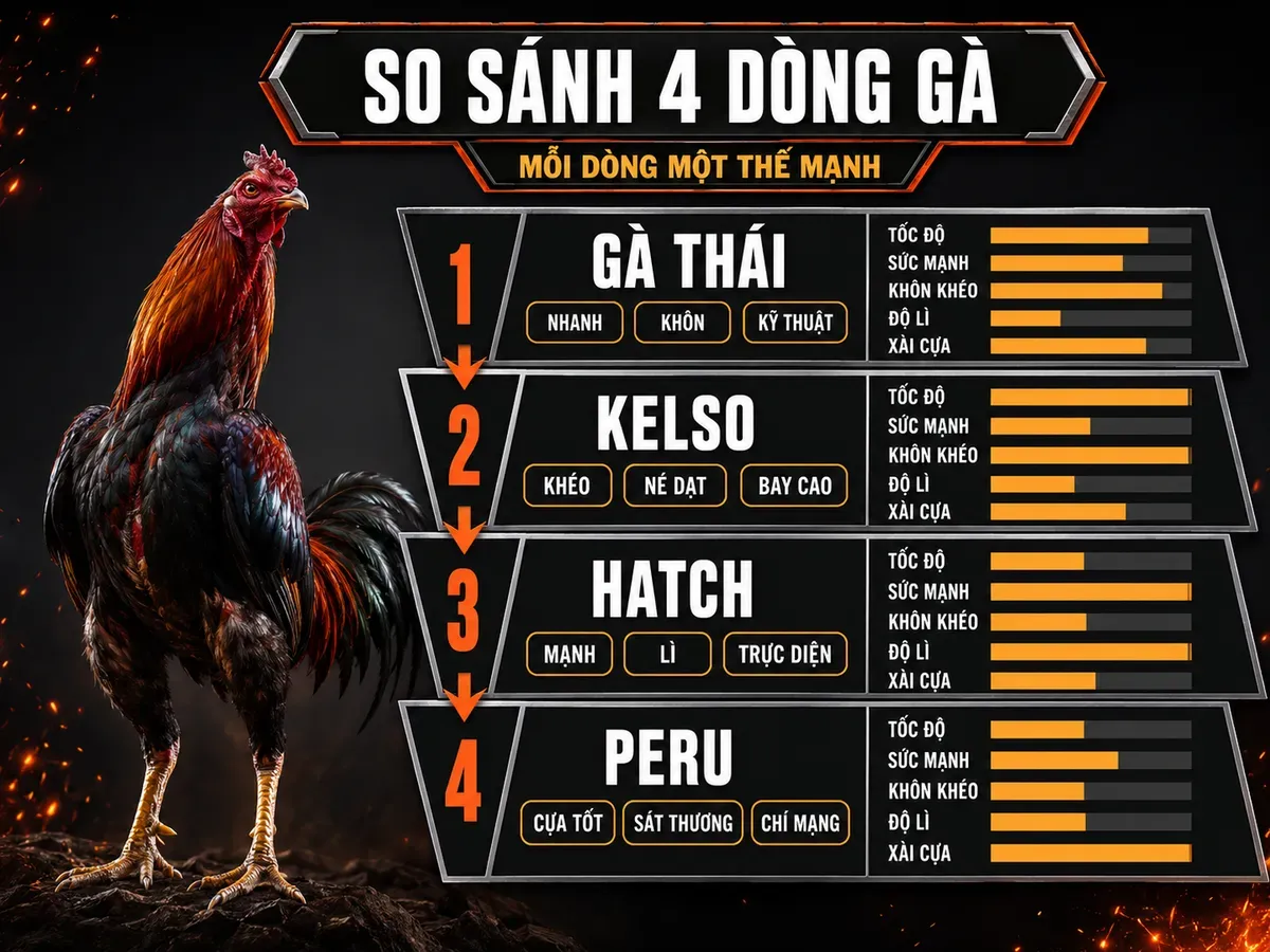 So sánh gà Thái, Kelso, Hatch và Peru theo tốc độ, sức mạnh, độ lì, kỹ thuật và khả năng dùng cựa.