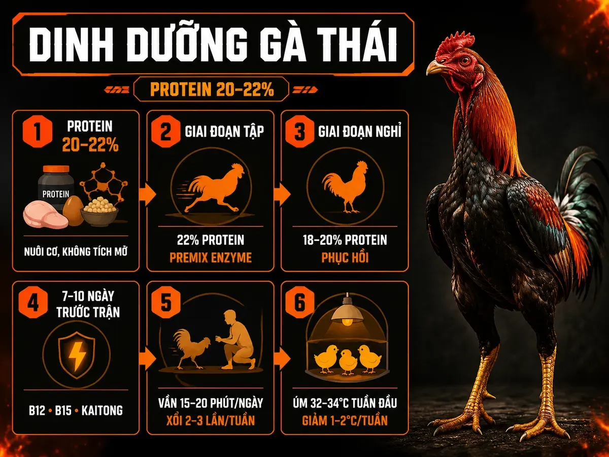 Infographic dinh dưỡng và tập luyện gà Thái với 3 giai đoạn ăn, mức protein chuẩn, lịch tập và nhiệt độ úm gà con