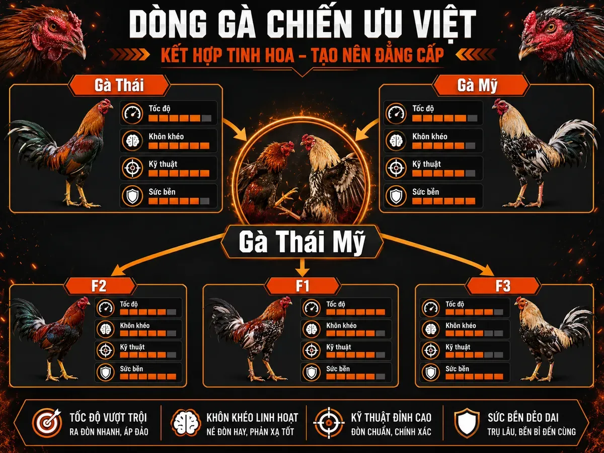 so sánh đặc điểm gà Thái, Mỹ và Thái Mỹ lai, tốc độ, kỹ thuật, khôn khéo, sức bền