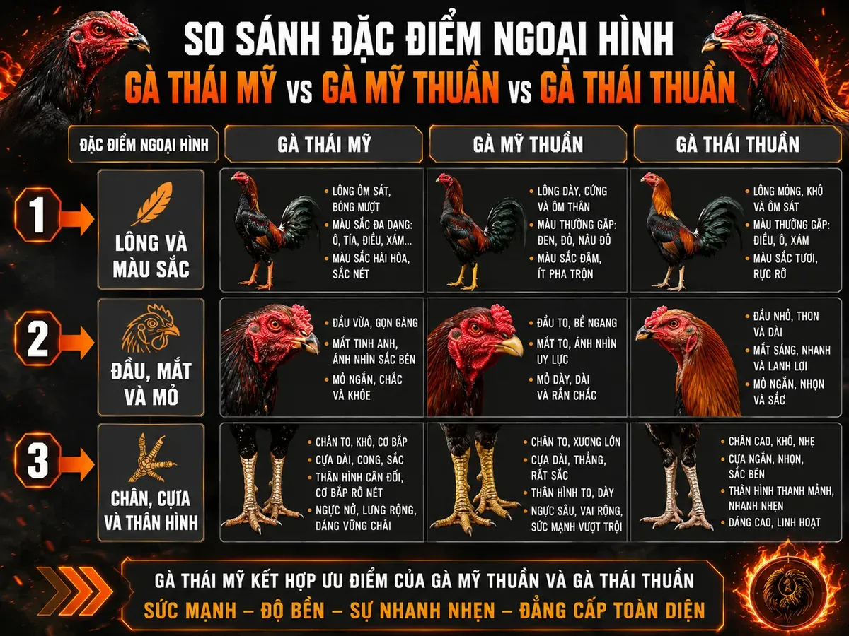 So sánh ngoại hình gà Thái Mỹ, Mỹ thuần và Thái thuần: lông, đầu, mắt, mỏ, chân, cựa, thân hình.
