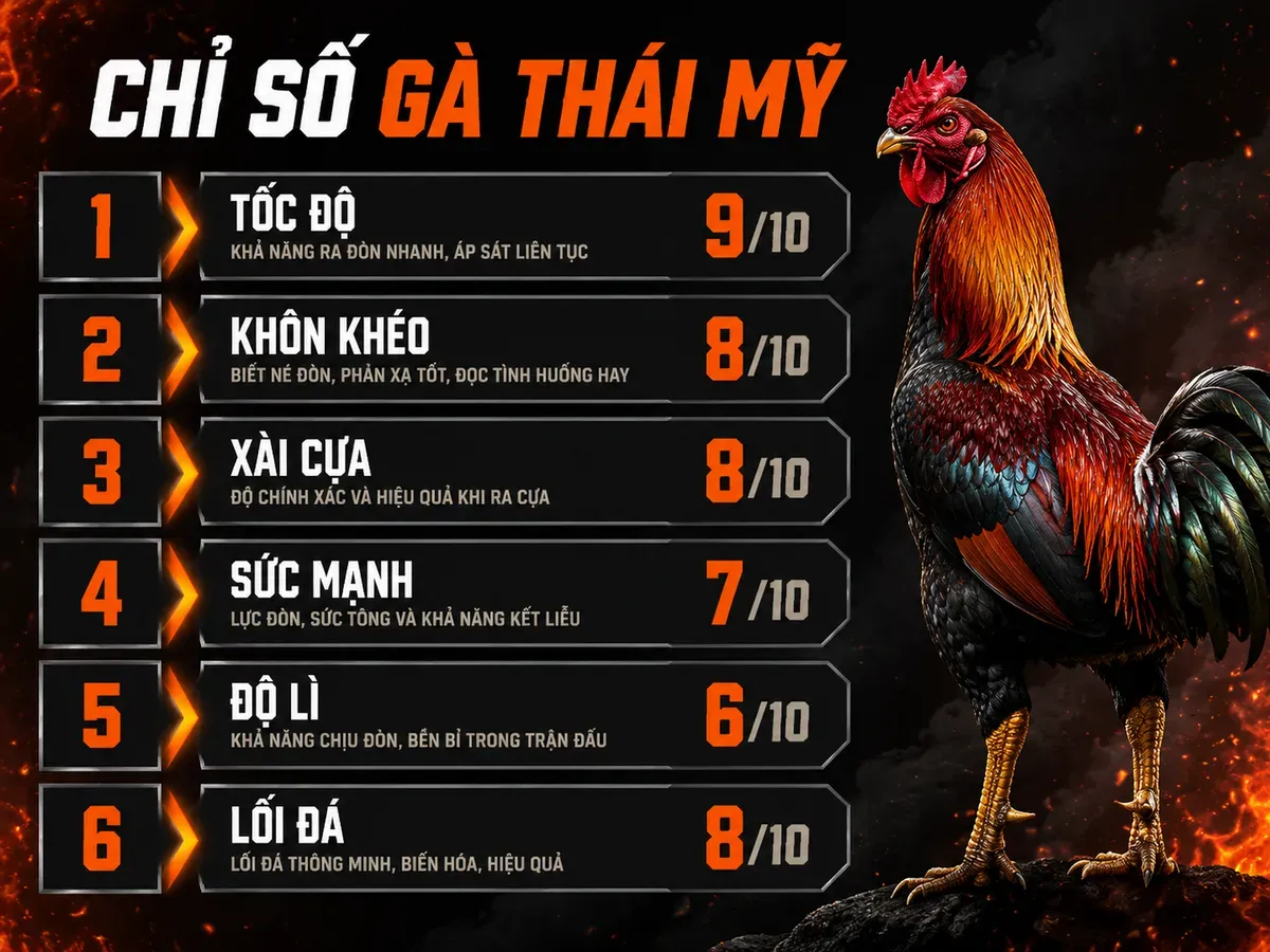 So sánh chỉ số gà Thái Mỹ: tốc độ, khôn khéo, xài cựa, sức mạnh, độ lì, lối đá