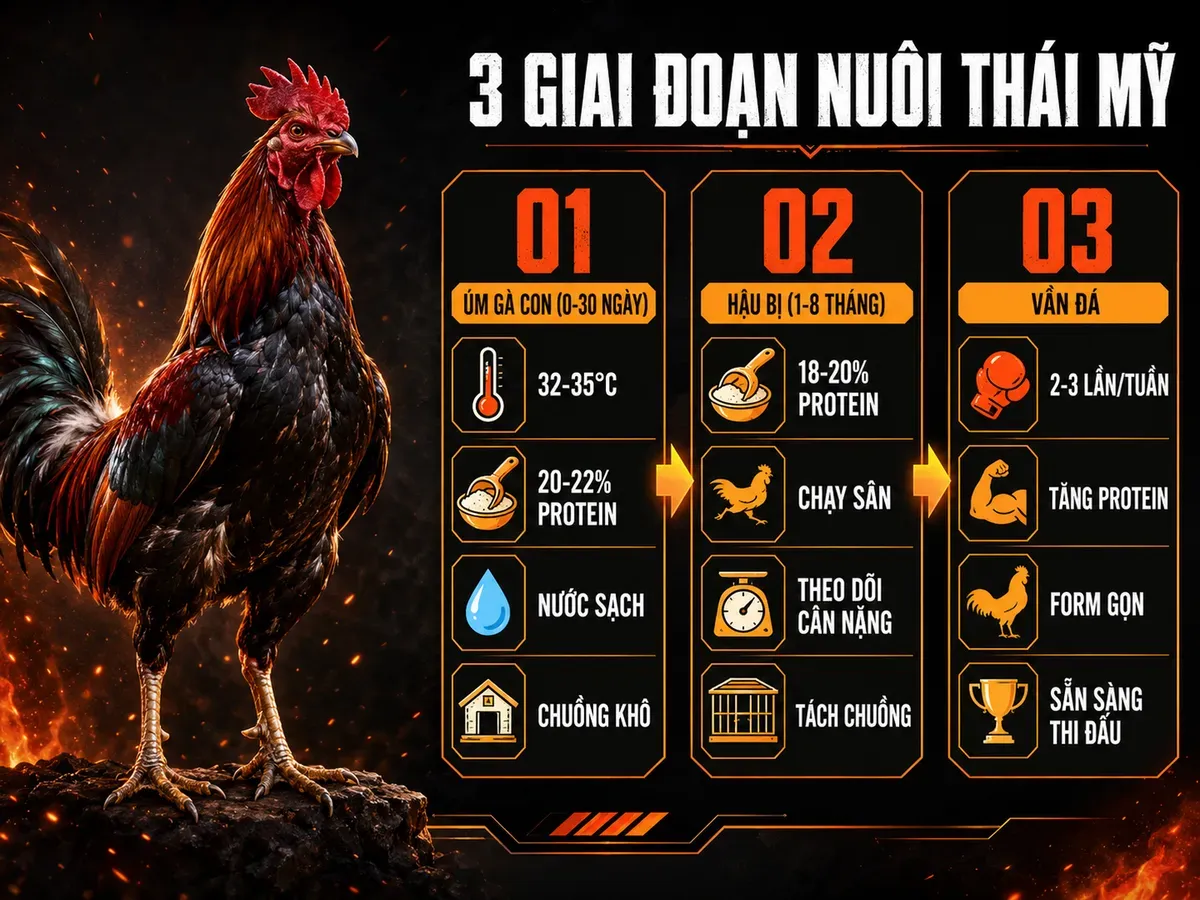 Infographic 3 giai đoạn nuôi gà Thái Mỹ đạt chuẩn thi đấu từ úm gà con đến vần đá