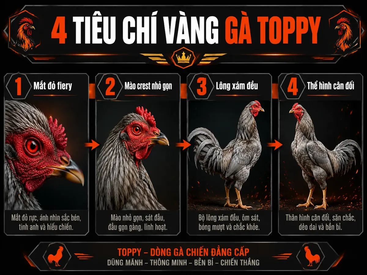 Hình ảnh minh họa 4 tiêu chí vàng phân biệt gà mái Toppy rặc với nhãn chữ rõ ràng, màu sắc mạnh mẽ, phong cách combat