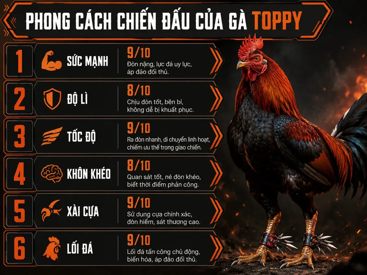 Bảng so sánh chỉ số chiến đấu của gà Toppy và Hatch, minh họa lối đá lì đòn và sức bền trên sàn cựa sắt