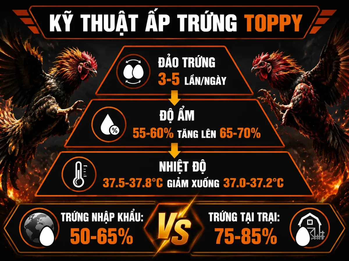 Sơ đồ tháp 3 tầng kỹ thuật ấp trứng Toppy, tỷ lệ nở trứng nhập khẩu và tại trại, hướng dẫn chi tiết