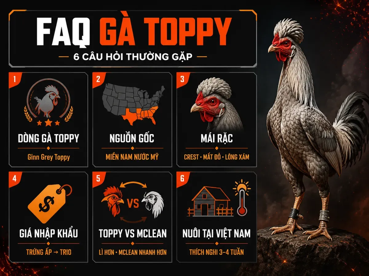 Infographic FAQ gà Toppy gồm nguồn gốc, đặc điểm, giá nhập khẩu, so sánh McLean và nuôi tại Việt Nam
