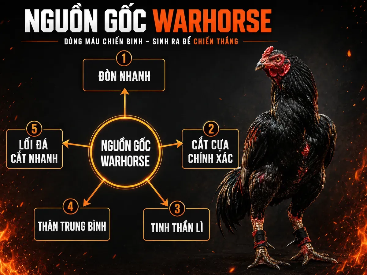 <vi SEO>Diagram tiến trình lịch sử dòng gà Warhorse, nhấn mạnh đặc điểm chiến đấu, gà chiến Black Warhorse oai vệ.
