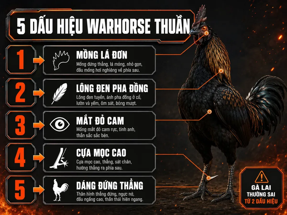 Infographic 5 dấu hiệu nhận biết gà Warhorse thuần chủng với mồng lá đơn, mắt đỏ cam, lông đen pha đồng, cựa cao và dáng đứng thẳng