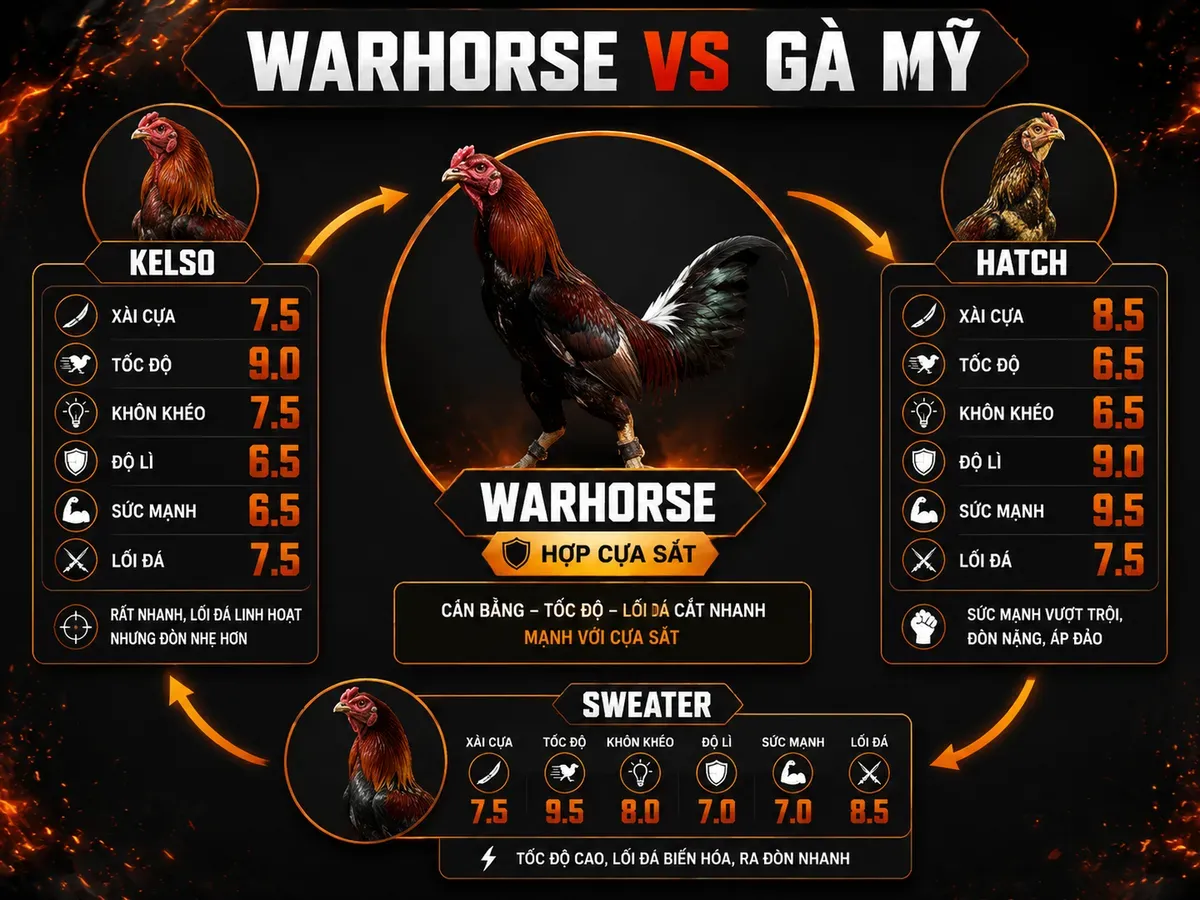 So sánh gà Warhorse với Kelso Hatch Sweater theo tốc độ sức mạnh độ lì và khả năng xài cựa