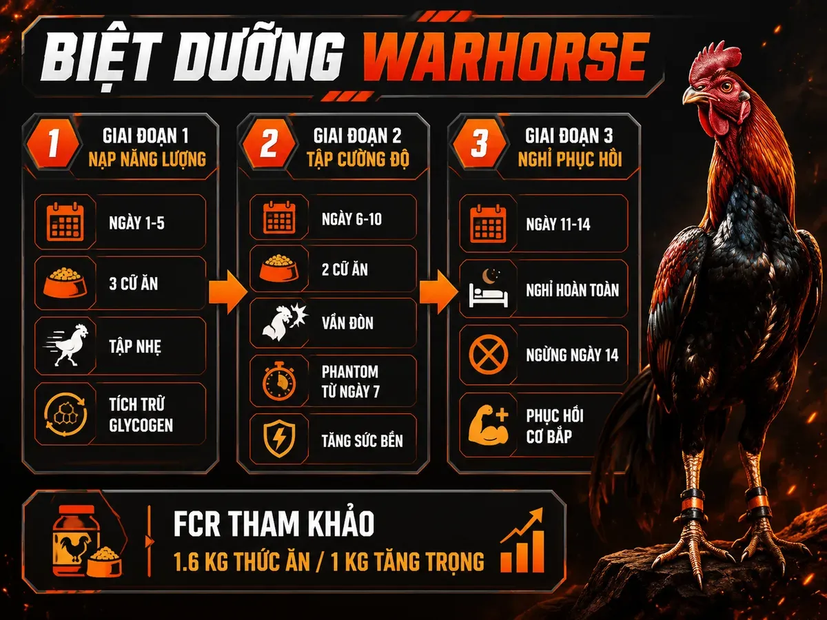 Infographic 3 giai đoạn biệt dưỡng gà Warhorse 14 ngày trước thi đấu gồm dinh dưỡng, tập luyện và phục hồi.
