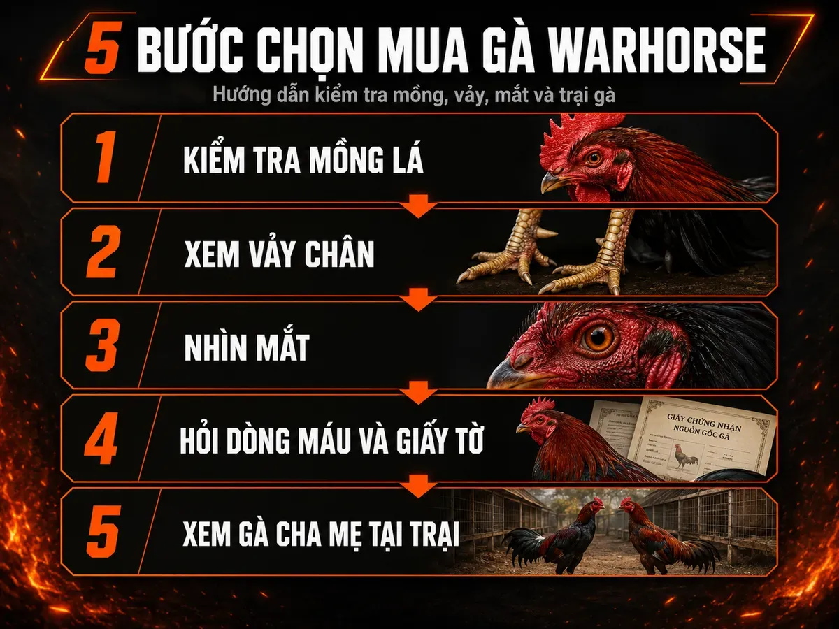 Hướng dẫn 5 bước chọn mua gà Warhorse thuần chủng tại trại, phân biệt thuần/lai, minh họa gà chiến thực tế