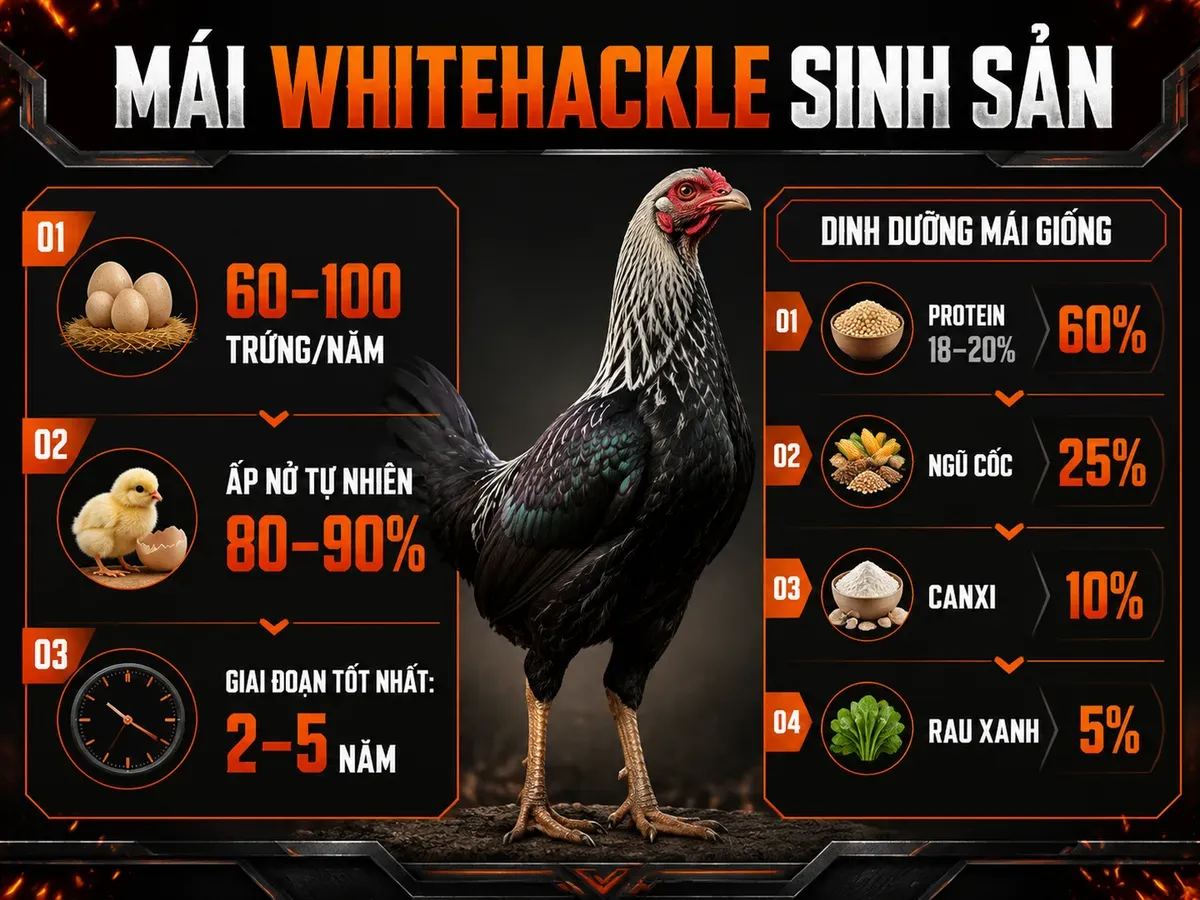 Infographic kỹ thuật nuôi gà mái Whitehackle sinh sản với tỷ lệ đẻ trứng, tuổi thọ và khẩu phần dinh dưỡng