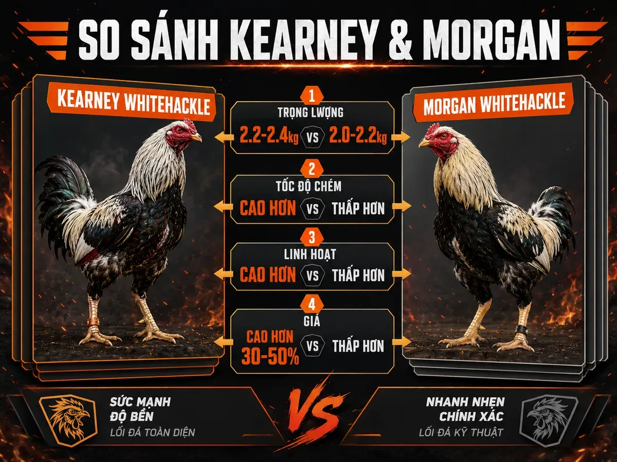 So sánh chi tiết Kearney Whitehackle và Morgan Whitehackle với thông số đá, trọng lượng và tốc độ, gà chiến oai vệ
