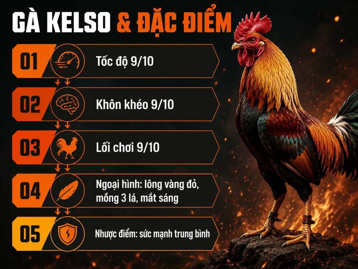 Gà Kelso, đặc điểm và phong cách chiến đấu