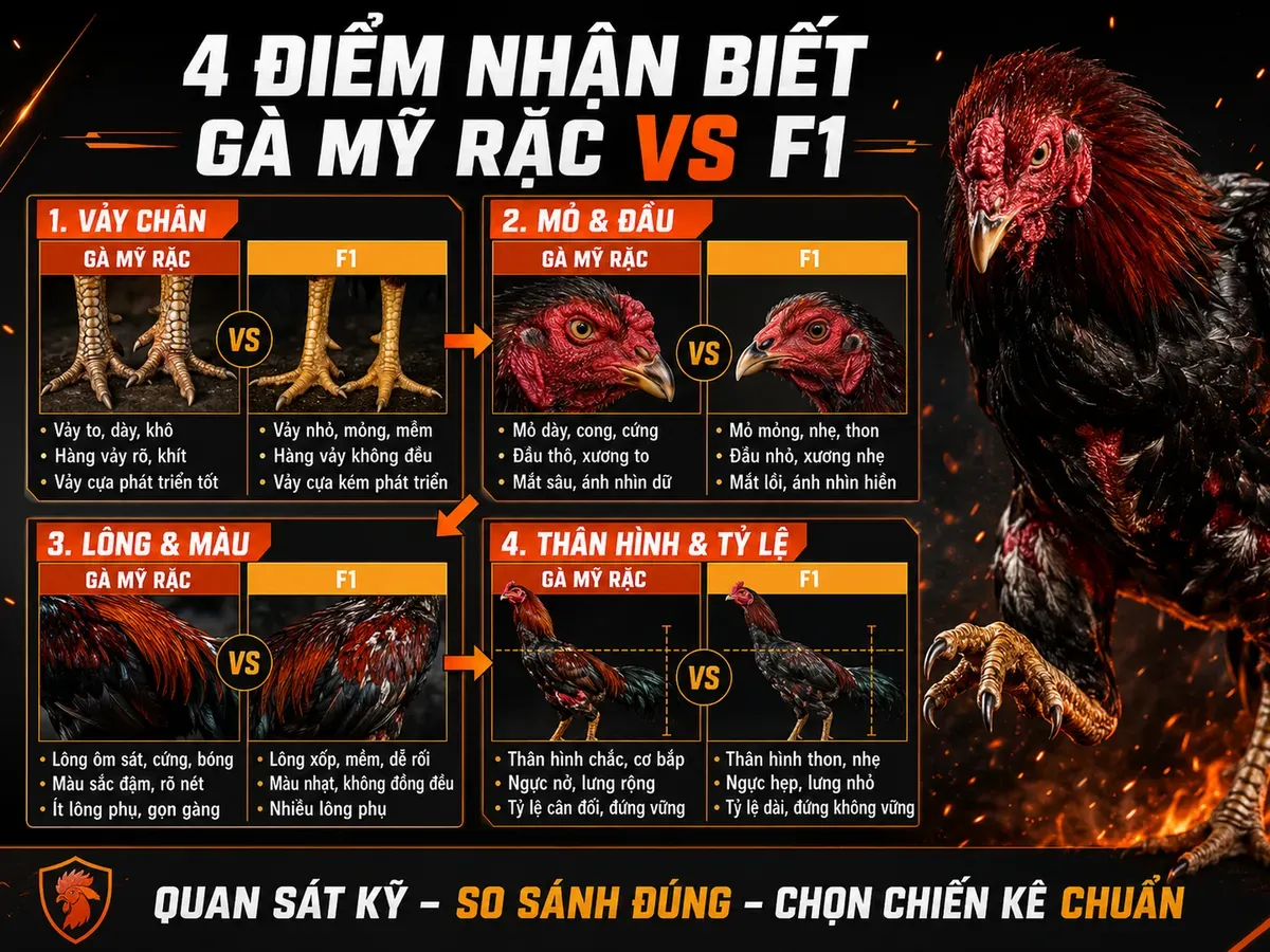 Cách nhận biết gà Mỹ rặc và phân biệt với gà lai F1