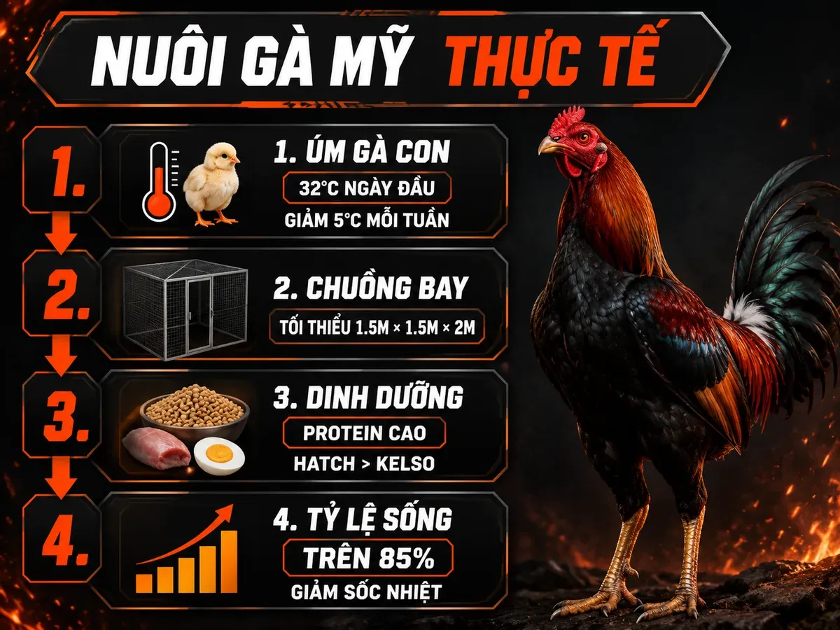 Infographic lưu ý nuôi gà Mỹ tại Việt Nam gồm nhiệt độ úm, chuồng bay, dinh dưỡng và tỷ lệ sống