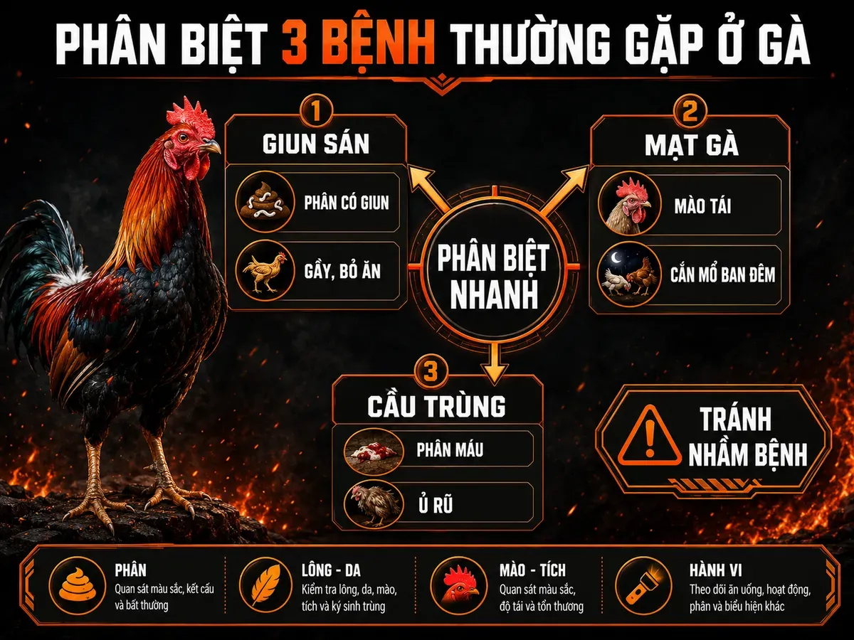 Infographic phân biệt triệu chứng giun sán, mạt gà và cầu trùng trên gà nọc bằng dấu hiệu lâm sàng và cách kiểm tra