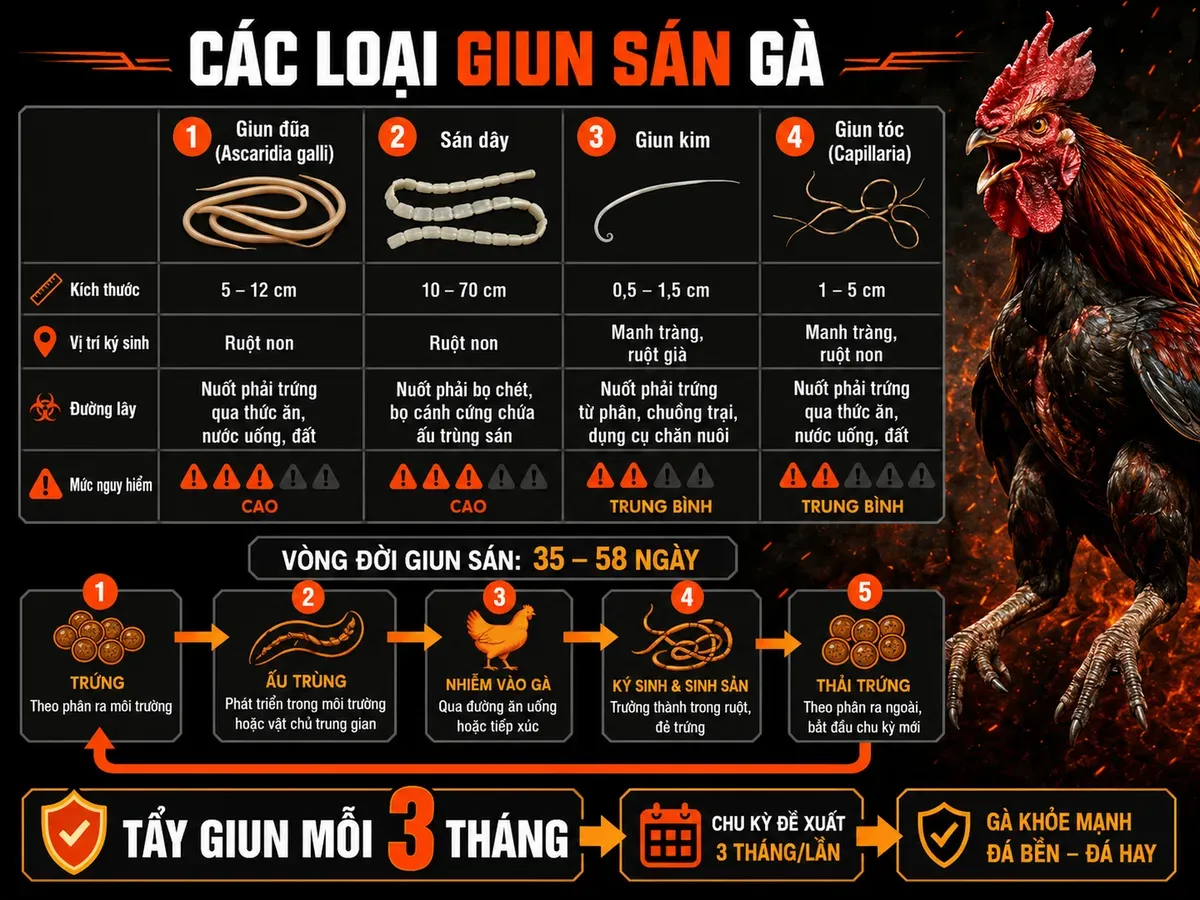 Infographic các loại giun sán phổ biến ở gà, vòng đời từ trứng tới trưởng thành, cách lây truyền và mức nguy hiểm