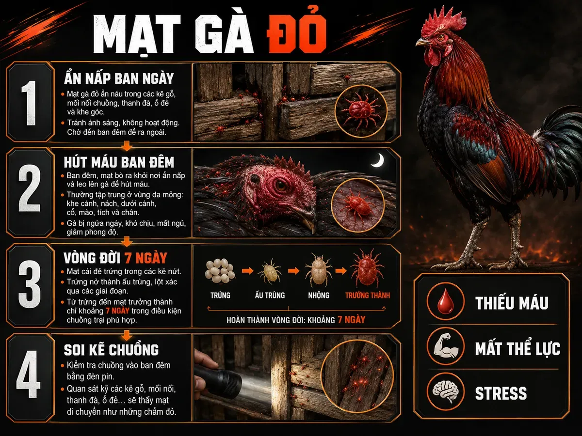 Infographic mạt gà đỏ Dermanyssus gallinae: vòng đời 7 ngày, hút máu ban đêm, tác hại và cách kiểm tra chuồng gà