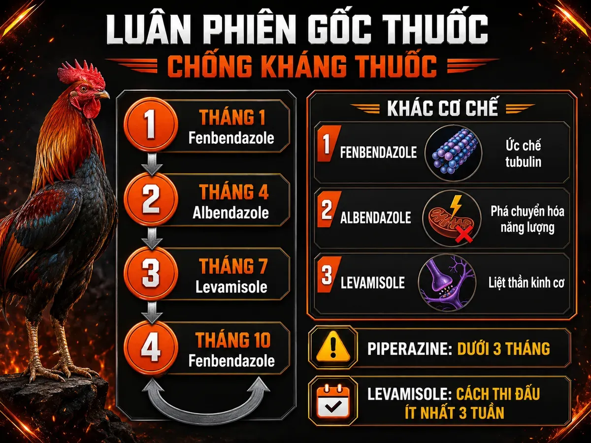 Infographic luân phiên thuốc tẩy giun cho gà đá với lịch 4 gốc thuốc và cơ chế chống kháng thuốc