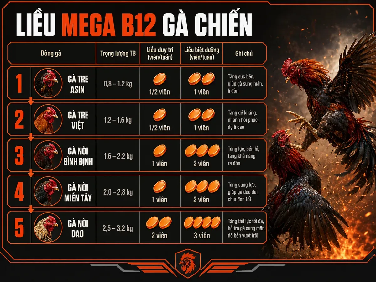 Infographic liều Mega B12 cho gà chiến theo dòng, trọng lượng và liều dùng