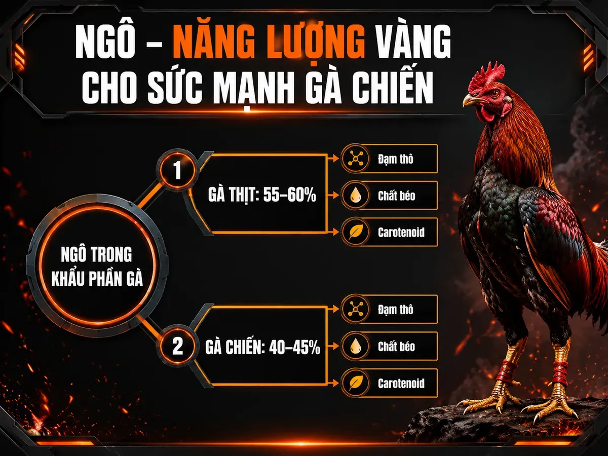 So sánh khẩu phần ngô giữa gà chiến và gà thịt, hiển thị tỷ lệ % và thông tin dinh dưỡng