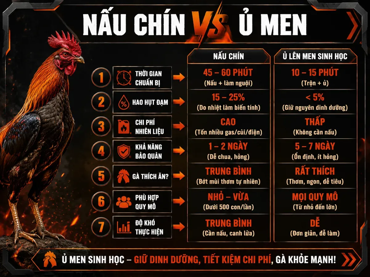 So sánh hai phương pháp chế biến ngô cho gà: Nấu chín vs Ủ lên men, nhấn mạnh hao hụt đạm, chi phí, và hiệu quả nuôi.