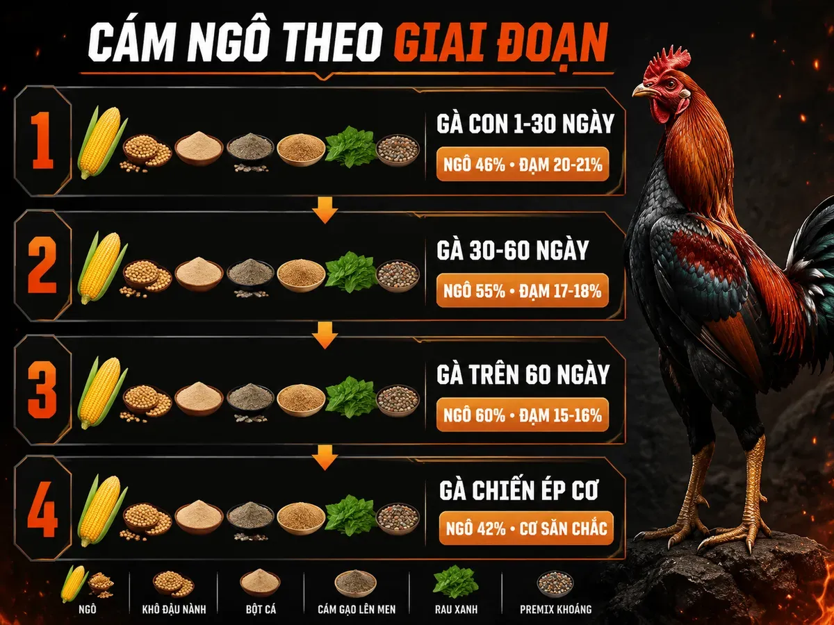 Infographic công thức phối trộn cám ngô cho gà theo từng giai đoạn phát triển và gà chiến ép cơ