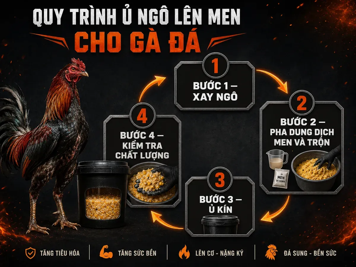 Quy trình ủ men cám ngô 4 bước, diagram vòng tròn, nhãn rõ ràng, nền tối charcoal, điểm nhấn ember cam, gà chiến oai vệ