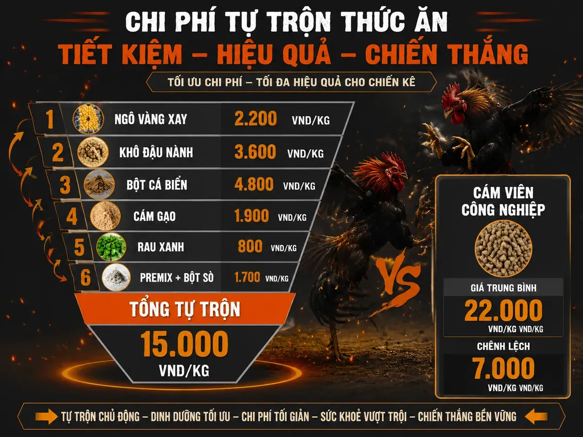 So sánh chi phí cám ngô tự trộn và cám viên công nghiệp cho 100 con gà, hiển thị trực quan tiết kiệm hàng tháng