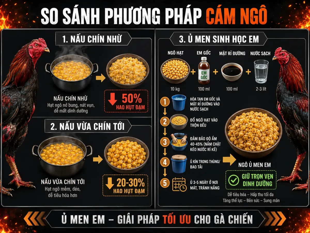 Infographic so sánh phương pháp nấu chín và ủ men EM cho cám ngô gà chiến, giảm hao hụt đạm, gà hấp thu tốt