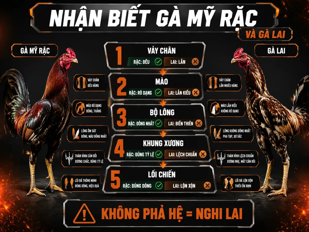 Infographic phân biệt gà Mỹ rặc và gà lai bằng checklist 5 bước từ vảy chân, mào, lông, khung xương đến lối chiến.
