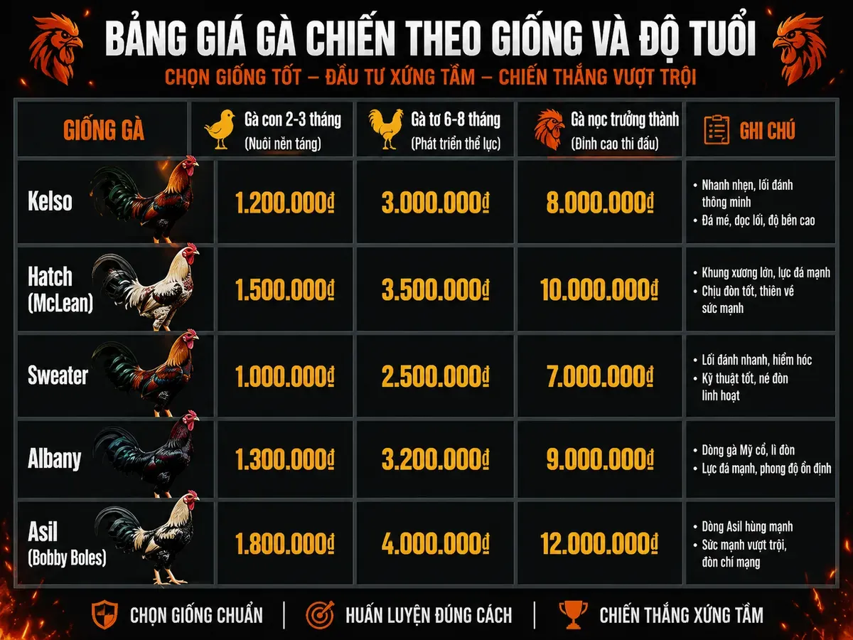 Bảng so sánh giá gà Mỹ rặc theo dòng và tuổi tại Việt Nam, dễ đọc, trực quan
